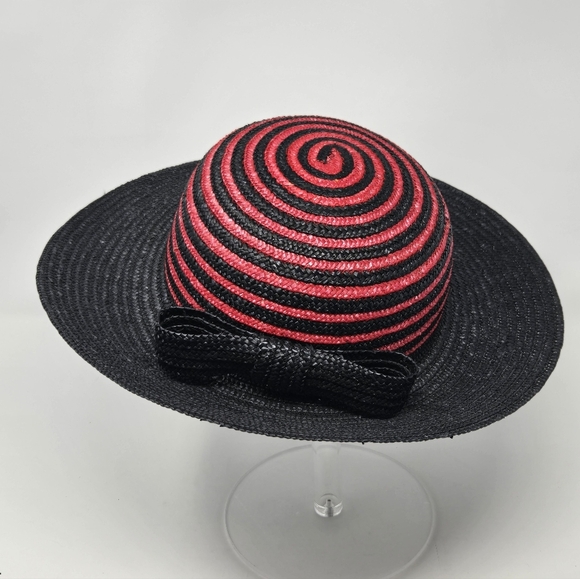 VINTAGE 100% NATURAL STRAW WOVEN HAT BLACK & RED SWIRL ITALY WOMEN OS WHIMSIGOTH - Picture 4 of 13